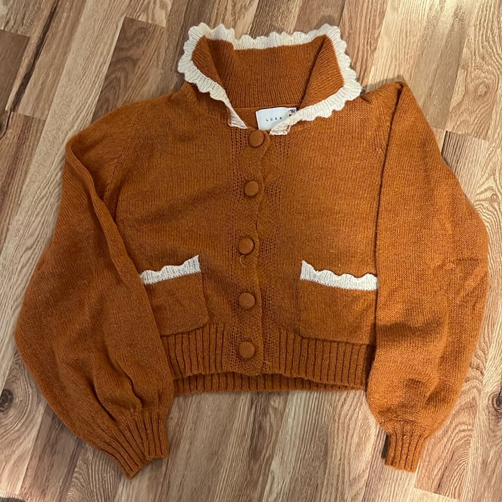 Lush orange cropped knit cardigan